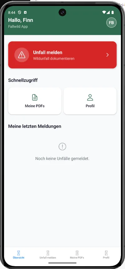 Startbildschirm der Fallwild App mit dem Knopf „Unfall melden“