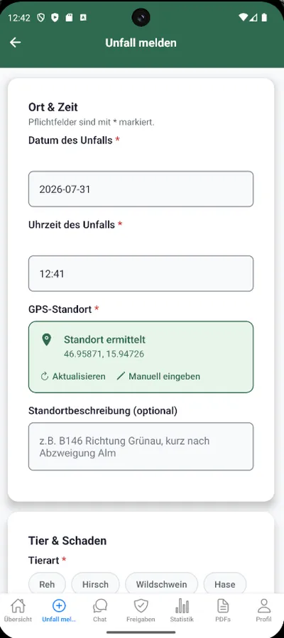 Unfall melden: Ort, Zeit und GPS-Standort werden automatisch erfasst